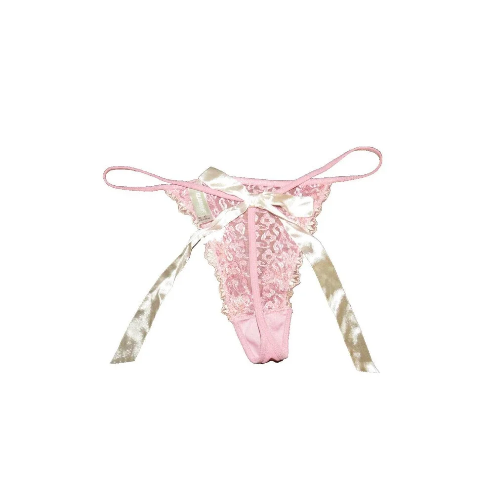 Vintage Glamour Pink Mesh Embroidered Thong Panties Satin Back Bow Size XL - Picture 6 of 14